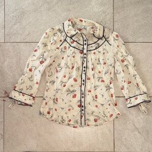 Odille by Anthropologie Cream Cherry Button-Front Blouse with Black Piping